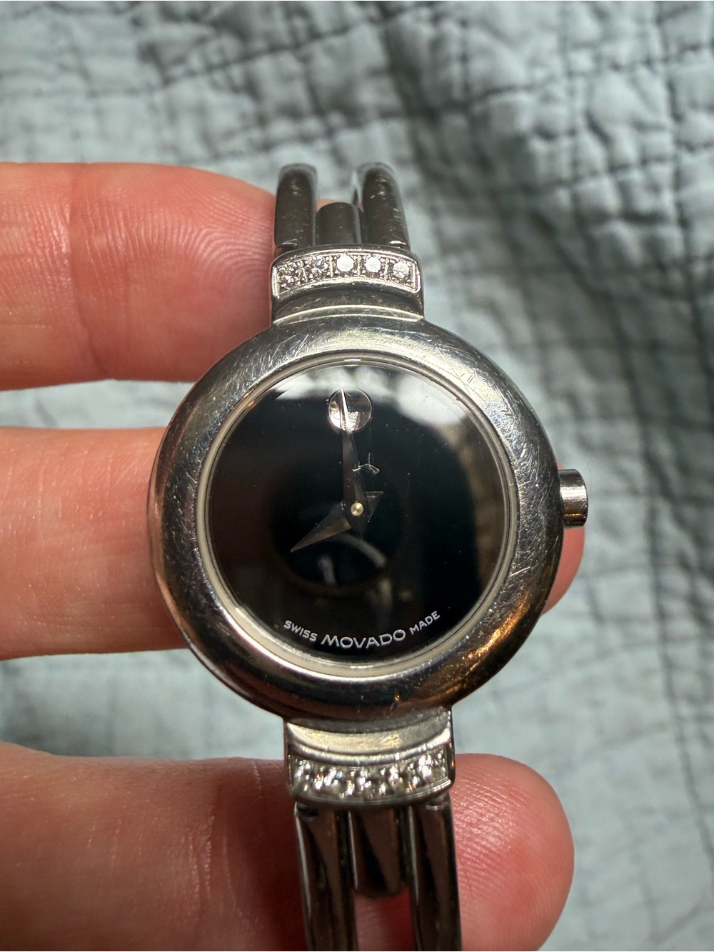 Authentic Movado Silver and Black Women's Bangle Watch with Diamonds